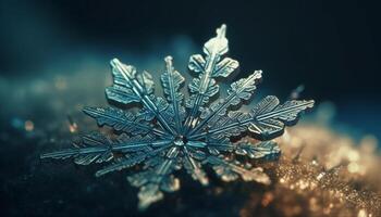 Sharp coniferous tree branch illuminated by glowing blue ice crystal generated by AI photo