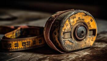 Rusty wrench on old table, a carpentry antique work tool generated by AI photo