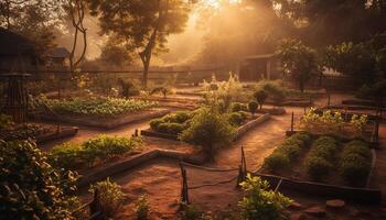 verde hojas en árbol en tranquilo rural escena a oscuridad generado por ai foto