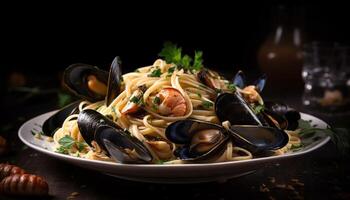 Healthy seafood linguini meal with savory marinara sauce and garlic bread generated by AI photo