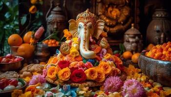 Multi colored elephant statue symbolizes Hinduism spirituality and traditional festivals generated by AI photo