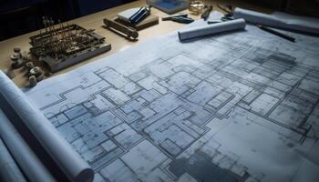 Blueprints, plans, and sketches the tools of modern architecture generated by AI photo