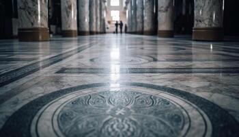 Empty corridor with abstract pattern flooring leads to futuristic entrance hall generated by AI photo