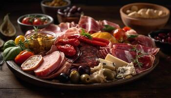 Rustic appetizer plate prosciutto, salami, bread, tomato, olive, salad generated by AI photo