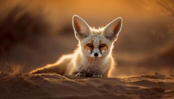 Fluffy red fox sitting on sand dune, looking at camera generated by AI photo