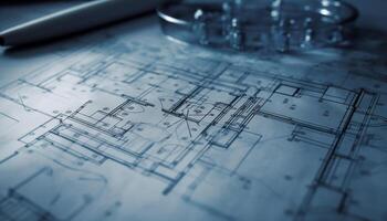 Blueprints and plans for modern home addition, striped ruler measures generated by AI photo