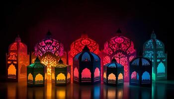 Ramadan night spirituality illuminated by multi colored lanterns in Arabic style generated by AI photo