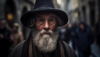 antiguo pasado de moda mayor hombre con gris barba caminando en ciudad calles generado por ai foto