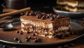 Indulgent tiramisu slice with creamy mascarpone and cocoa powder generated by AI photo