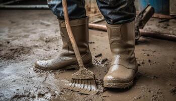 Men working outdoors with dirty boots and work tools in mud generated by AI photo