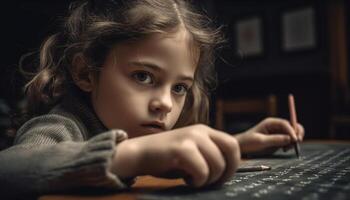 Cute girl studying indoors, concentrating on pencil drawing activity generated by AI photo