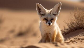 Fluffy red fox sitting on sand dune, looking at camera generated by AI photo