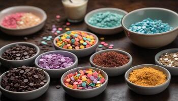 A colorful collection of sweet candy in a wooden bowl generated by AI photo