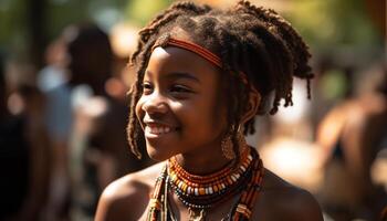 Young African women smiling, enjoying outdoors, exuding confidence and togetherness generated by AI photo