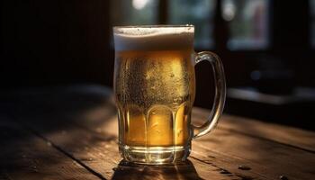 Frothy beer drop on wood table, refreshing liquid for relaxation generated by AI photo