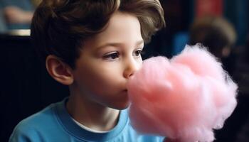 Cute toddler playing with a fluffy toy, smiling with joy generated by AI photo