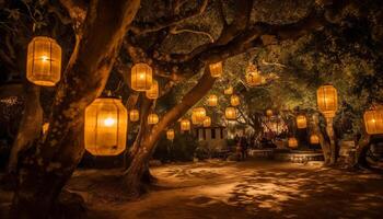 Glowing lanterns illuminate old tree in winter night celebration generated by AI photo