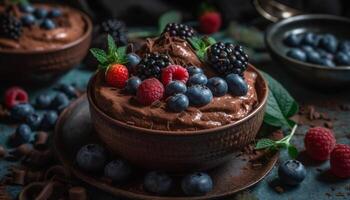 Fresh berry dessert indulgence on rustic wooden table decoration generated by AI photo