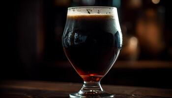 espumoso cerveza vaso en oscuro madera mesa en pub cerca arriba generado por ai foto