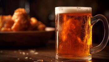 espumoso medio litro vaso en de madera mesa en rústico cerveza pub generado por ai foto