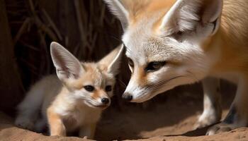 Fluffy red fox puppy playing outdoors with selective focus generated by AI photo