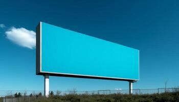 Clear sky, blue sign directs travel on empty road ahead generated by AI photo