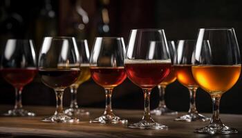 Luxury wine bottles in a row on a dark background generated by AI photo