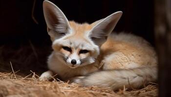 Fluffy red fox puppy sitting alert, looking at camera generated by AI photo