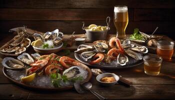 Fresh seafood appetizer on rustic wood plate with grilled crustaceans generated by AI photo