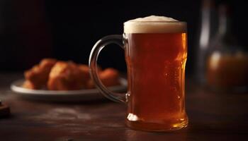 Frothy beer in rustic German pub, refreshing and ice cold generated by AI photo