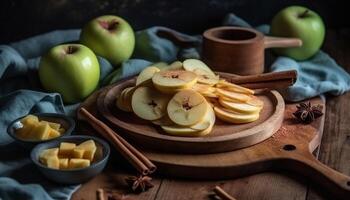 Fresco manzana rebanada en rústico madera mesa, un sano bocadillo generado por ai foto