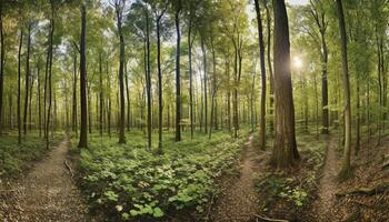 Walking on footpath, surrounded by vibrant green wilderness and beauty generated by AI photo