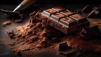 Dark chocolate indulgence, broken and stacked on rustic wood table generated by AI photo
