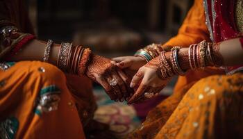 Young women holding multi colored bracelets, bonding in traditional clothing generated by AI photo