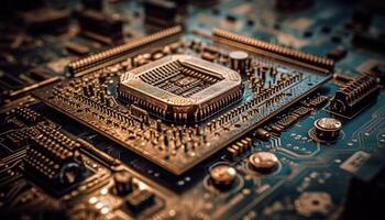 Complexity of computer chip circuit board shows technological progress generated by AI photo