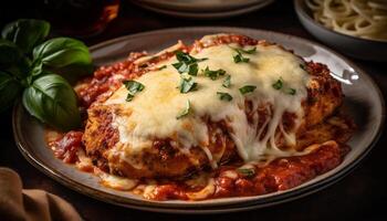 Freshly cooked gourmet lasagna with savory bolognese sauce and mozzarella generated by AI photo