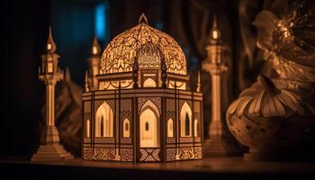 Ramadán linternas iluminar antiguo Arábica arquitectura en un espiritual celebracion generado por ai foto