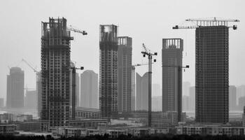 Tall skyscraper under construction, cranes and steel frame dominate skyline generated by AI photo