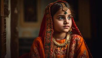 joven indio mujer en tradicional sari exuda elegancia y belleza generado por ai foto