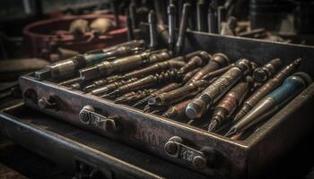 antiguo oxidado llave inglesa en de madera caja de herramientas, un carpintero trabajo herramienta generado por ai foto