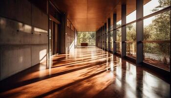 Bright sunlight illuminates modern empty apartment with clean glass windows generated by AI photo