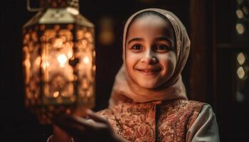 Smiling men and women in traditional clothing celebrate Ramadan indoors generated by AI photo