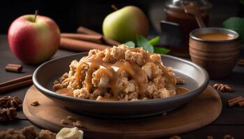 Fresh apple slice on rustic wood table, a sweet indulgence generated by AI photo