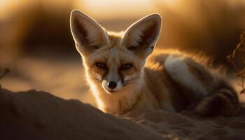 Red fox sitting in grass, alert and playful at dusk generated by AI photo