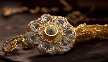 Ornate gold jewelry symbolizes Hinduism spirituality and indigenous culture elegance generated by AI photo