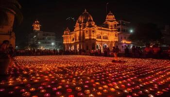 Illuminated monument in famous city celebrates traditional festival with lanterns generated by AI photo