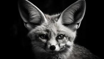 Fluffy rabbit ear in close up portrait, black and white monochrome generated by AI photo