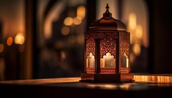 Ramadan celebration Ornate lanterns illuminate the dark night with spirituality generated by AI photo