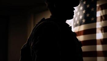 Army soldier standing in dark, backlit by American flag silhouette generated by AI photo