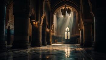 gótico capilla antiguo altar iluminado por natural ligero a oscuridad generado por ai foto